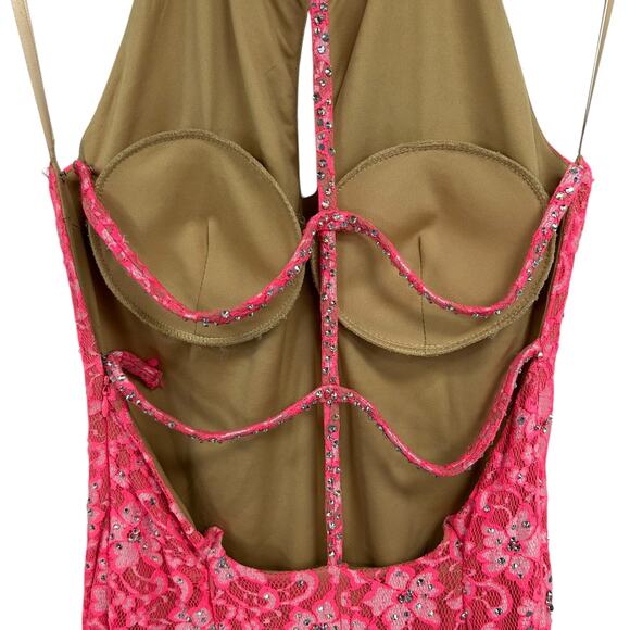 Jovani Pink Lace Halter Rhinestone Embellished Evening Gown 14 AS IS ALTERED - Picture 6 of 12